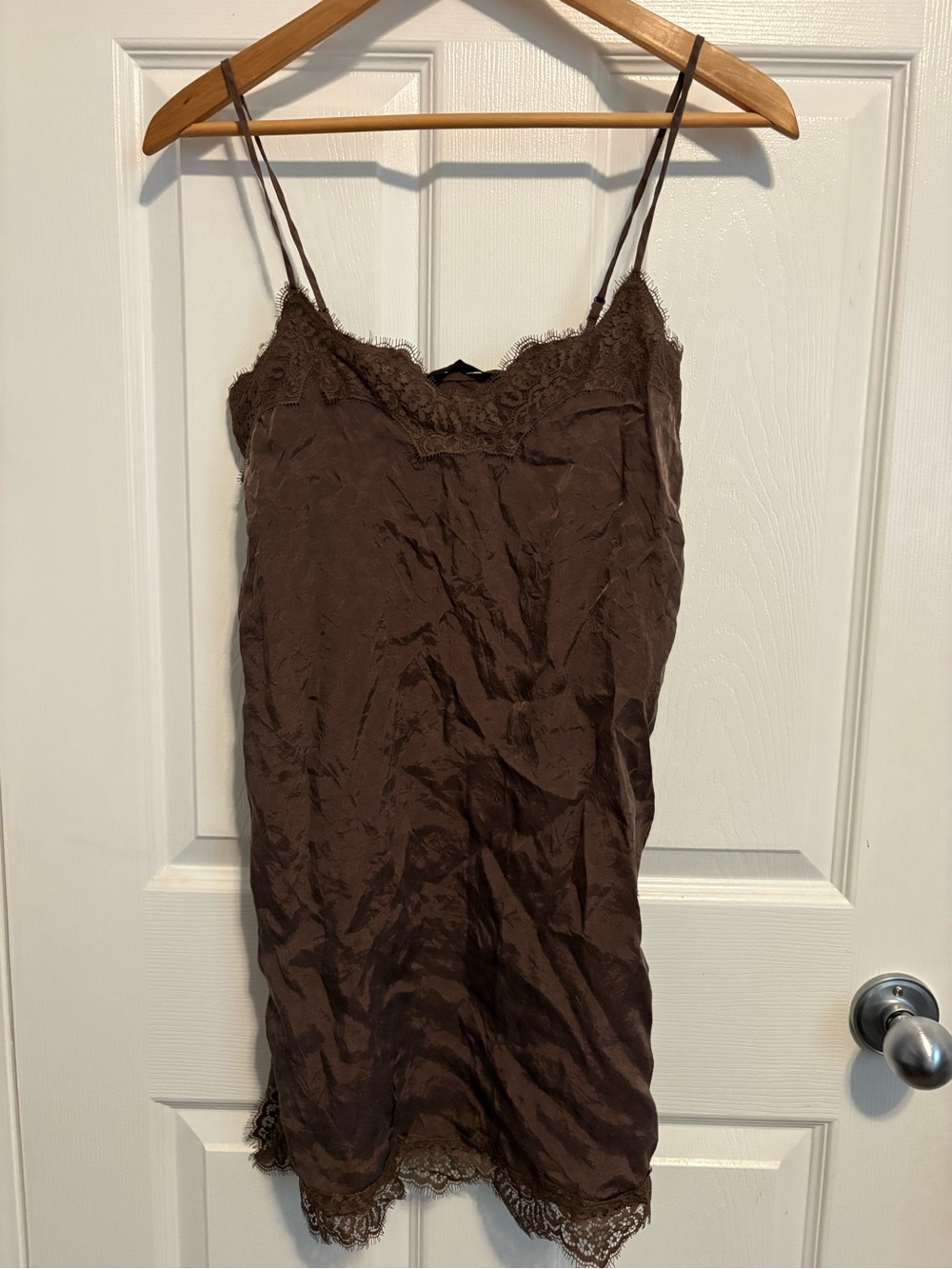 Zara Brown Taupe Lace Trim Satin Slip Dress Long Top
